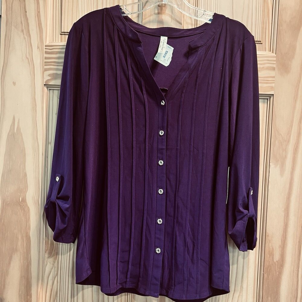 PerSeption Concept Purple Pleated Front Button Down Blouse Top XL NWT Roll Tab
